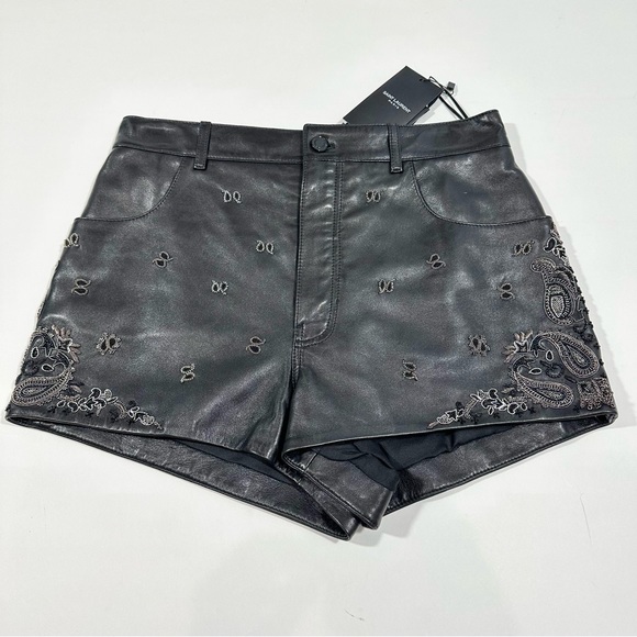 YSL Saint Laurent High Rise Embellished Embroidered Lambskin Leather Shorts - Picture 8 of 15